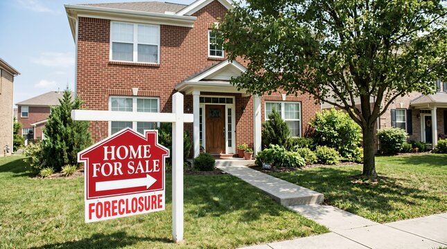 Foreclosure Home For Sale Sign in Front of a Beautiful Red Brick Family House