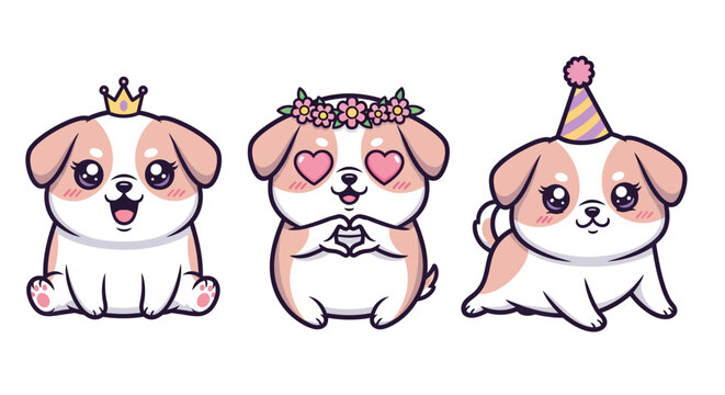 Cute Cartoon Puppies with Party Hats and Accessories.