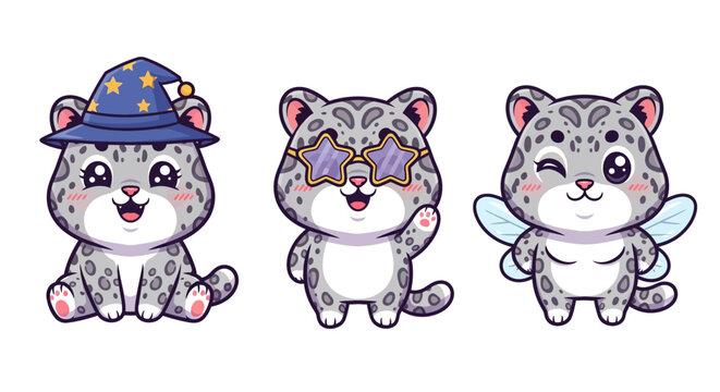 Cute Cartoon Snow Leopard Characters in Costumes.