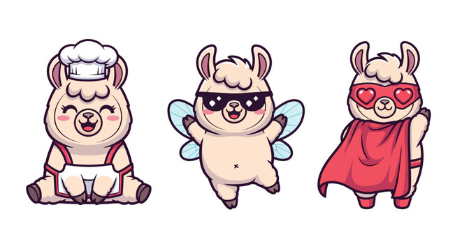 Cute Llama Characters in Fun Costumes Illustration.