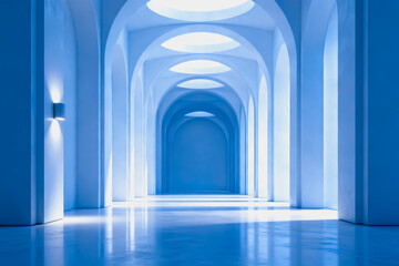 Obraz premium A bright, empty minimalist corridor with repeating arches and circular skylights, featuring smooth white surfaces and a reflective floor.