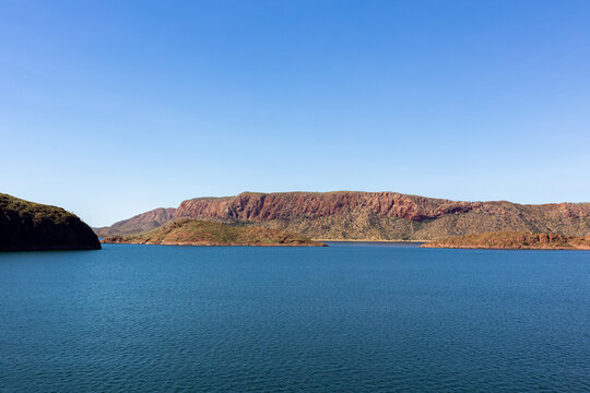 The islands and cliff lined shores of Lake Argyle in the Kimbeley region of Western Australia.