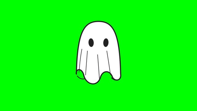 Cute cartoon ghost character on bright green chroma key background for halloween animation and video effects