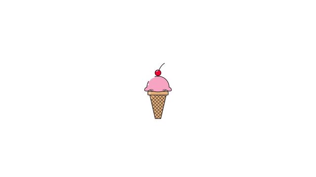 Colorful ice cream cone with pink scoop and cherry on top isolated on white background