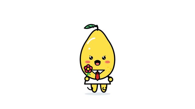 Cute cartoon lemon character holding red flower with arms open