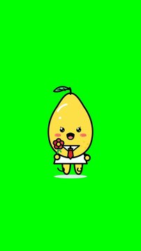 Cute cartoon mango character holding flower on solid bright green background
