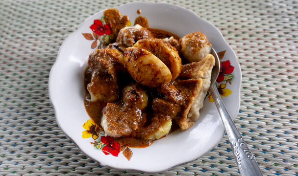 Traditional Indonesian Batagor Fried Tofu Dumplings Served on Floral Plate