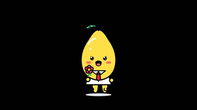 Cute cartoon lemon character holding a red rose with a small leaf on top
