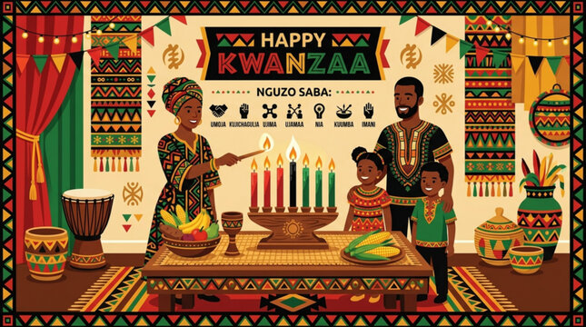 Family celebrating kwanzaa with traditional decorations