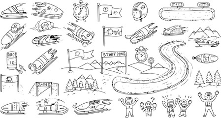 Winter Sports Bobsleigh and Luge Black  White Line Art Icons: Hand-drawn Doodle Collection of Sleds, Track, Helmets, and Athletes. © hugo