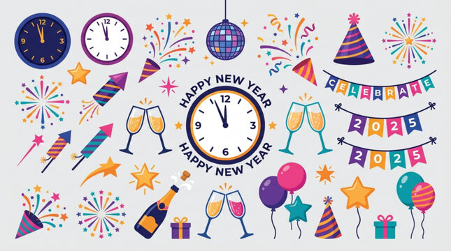 New year's eve celebration elements with clocks striking midnight