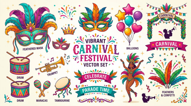 Vibrant carnival festival vector set for celebrations