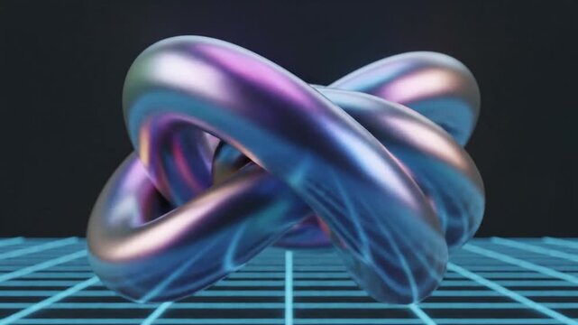 Iridescent metallic torus knot on blue digital grid.