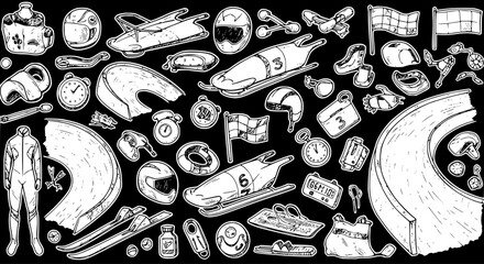 Winter Sports Bobsleigh, Luge, and Skeleton Equipment Monochrome Line Art Vector Illustration Set © hugo