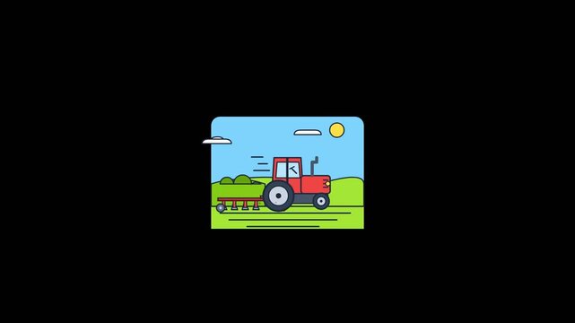 Flat design illustration of a red tractor plowing green field under blue sky with sun