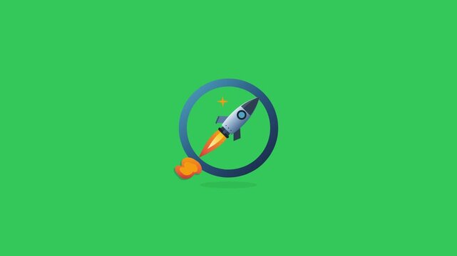 Flat design rocket launch symbol with motion trail on green background