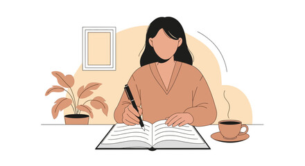 Fototapeta premium Woman writing in notebook with coffee, cozy home office, creative work, journaling, studying