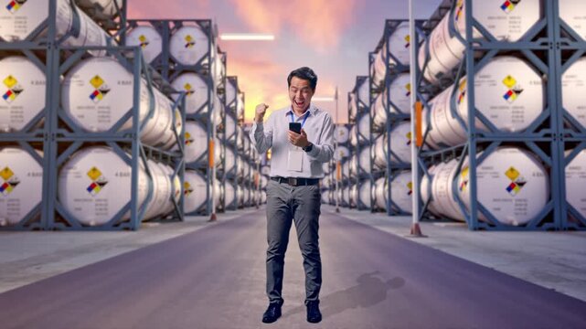 Full Body Of An Asian Male Professional Worker Standing With His Smartphone at Industrial Chemical Tank Container Storage Facility, He Raises His Fist Up With Screaming Goal