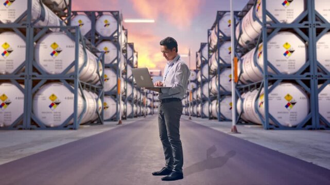 Full Body Side View Of An Asian Male Professional Worker Standing With His Laptop at Industrial Chemical Tank Container Storage Facility, Typing On His Laptop'S Keybaord With Meditation