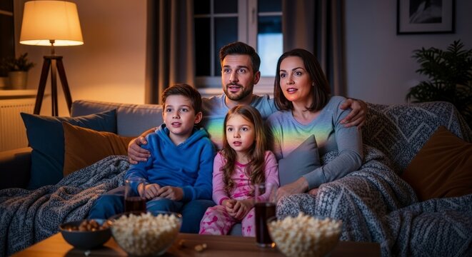 Famille qui regarde la t&eacute;l&eacute; ensemble dans un salon confortable la nuit