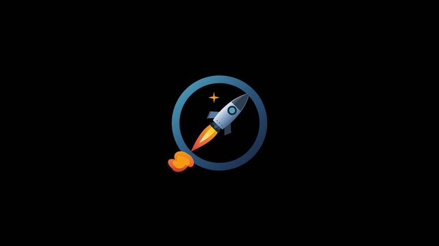 Flat design rocket ship launching with orange flame against a dark background