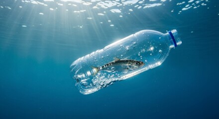 Fototapeta premium Poissons pris au piège dans des bouteilles en plastique flottant dans l'océan : un problème environnemental