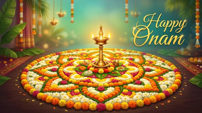 Puli Kali dancers in vibrant costumes dance joyfully with lit diyas, flowers, and candles during the Onam festival. Perfect for cultural event ...