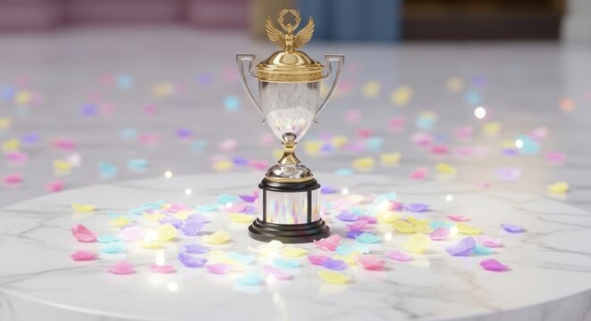 Troph&eacute;e &eacute;l&eacute;gant sur une surface r&eacute;fl&eacute;chissante entour&eacute;e de confettis color&eacute;s