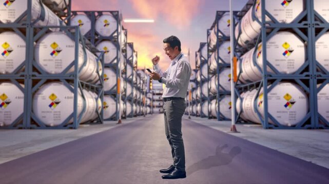 Full Body Side View Of An Asian Male Professional Worker Standing With His phone at Industrial Chemical Tank Container Storage Facility, He Raises His Fist Up With Screaming Goal