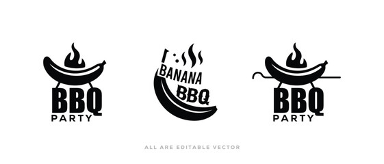 Naklejka premium Banana BBQ Party Set. Vintage Style Chili Pepper Barbecue in Black Ink Silhouette with Hot Pepper, Smoke and Fire Mark Vector