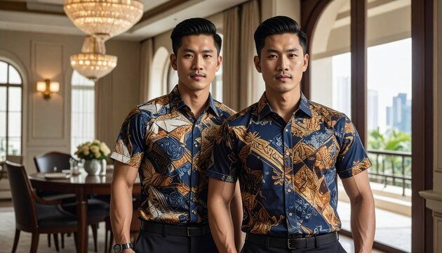 Two men in patterned shirts standing.