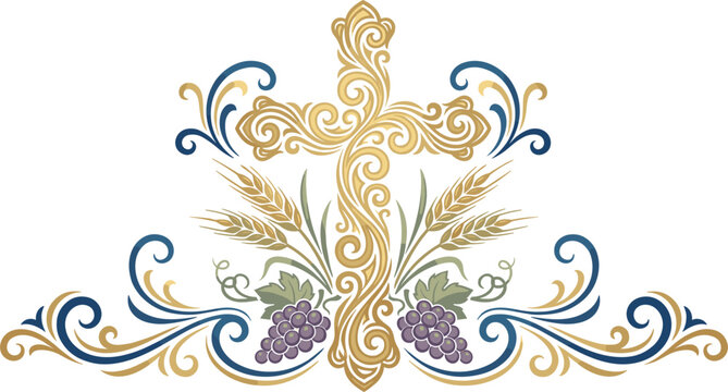 Ornate Golden Cross Vector Ornament with Blue Scrollwork Filigree Wheat Ears and Purple Grapes for Catholic Holy Communion Church Altar and Easter Graphic Designs