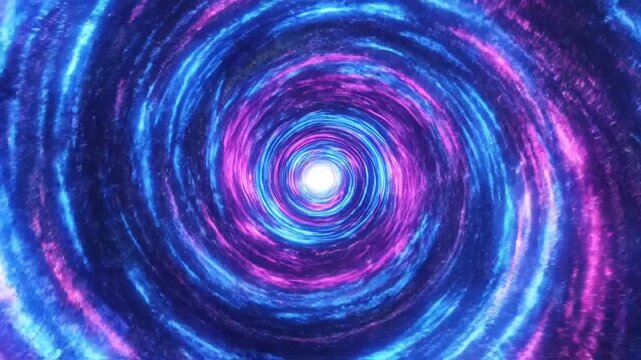 Vibrant cosmic vortex pulls viewer into glowing blue and pink nebula with bright light in the center.