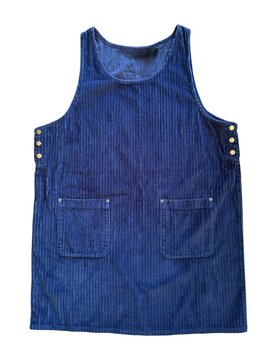 Vintage blue corduroy jumper dress featuring a sleeveless pinafore style design, side button closures, and two front patch pockets