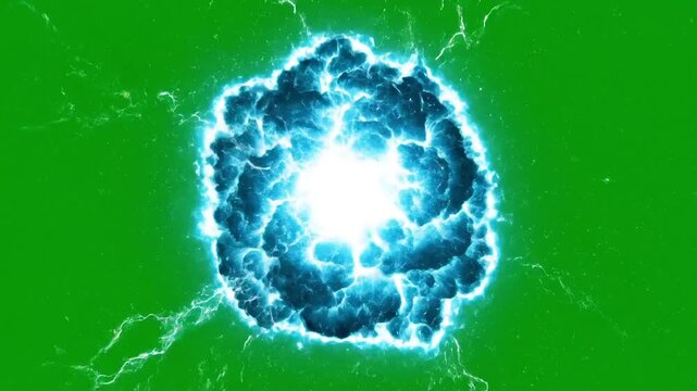 Bright blue energy burst with crackling electricity on a vibrant green background.