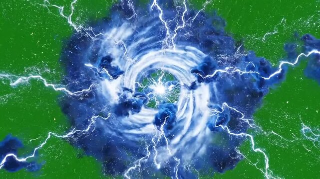 Powerful vortex of blue energy and lightning bolts crackling on a green background