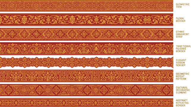 Vintage Ornamental Border Pattern Set with Decorative Floral Seamless Trim Vector Collection