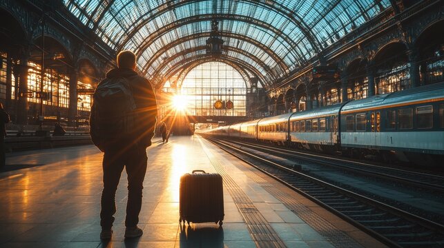 Travelers waiting at a historic train station with a glass-domed roof during sunset, carrying luggage and enjoying the warm sunlight, vintage trains on parallel tracks behind