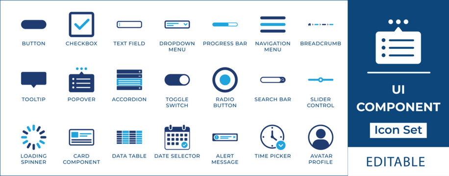 UI component icon set featuring web interface elements, progress bar, checkbox, dropdown menu, toggle button, loading spinner, search bar, and app wireframe symbols.