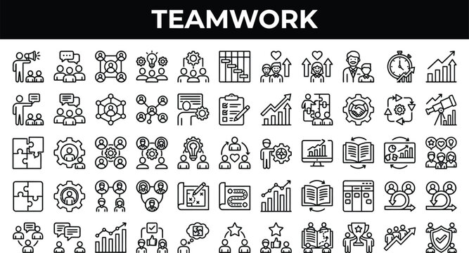 Teamwork icons illustrate various business processes and collaborative management strategies.