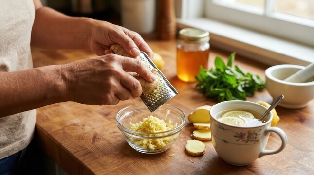 Woman Grating Ginger for Lemon Honey Mint Tea in Kitchen.