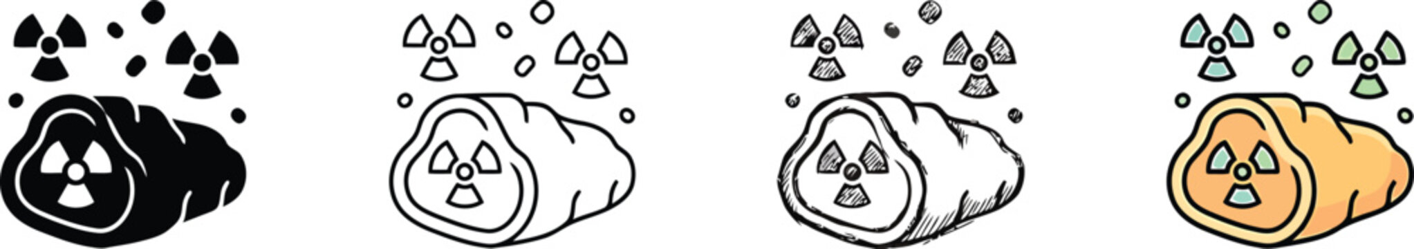 Conceptual illustration of radioactive contaminated food represented by meat symbol and radiation hazard icons
