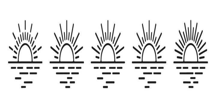 Sunrise over water icons with radiating sun rays simple line art vector graphics for design elements.