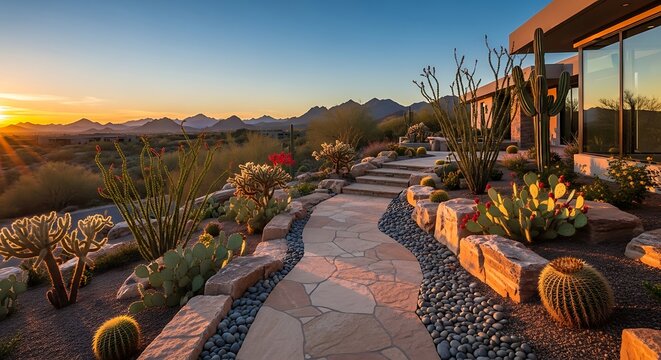 Stone pathway through a beautiful desert garden with blooming cacti during a colorful sunset evening. arizona front yard