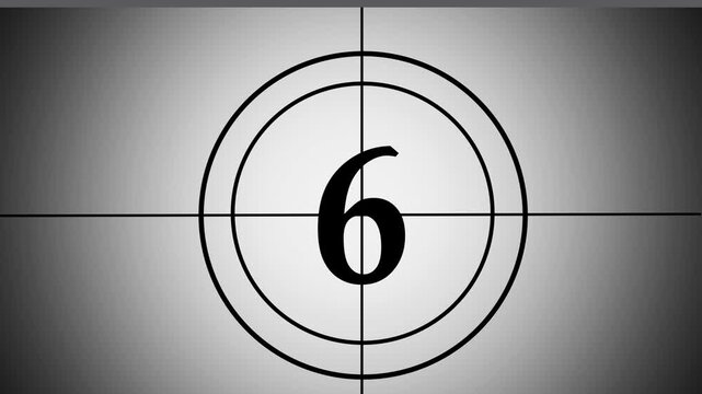 Classic cinematic countdown leader with retro monochrome featuring sequential numerical transitions for production, media broadcasting, and creative multimedia project openers