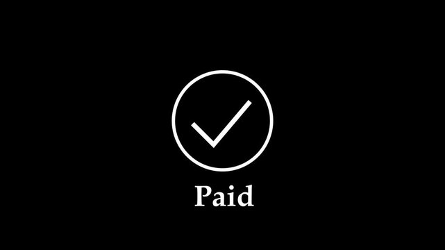 Minimalist animated checkmark with paid text overlay for financial transactions, e-commerce checkout confirmation, payment success notifications, and digital banking user interface