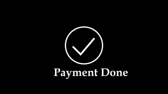 Animated payment done confirmation with minimalist white checkmark symbol on a solid black background, e-commerce checkout success notifications, digital transaction ui, and web