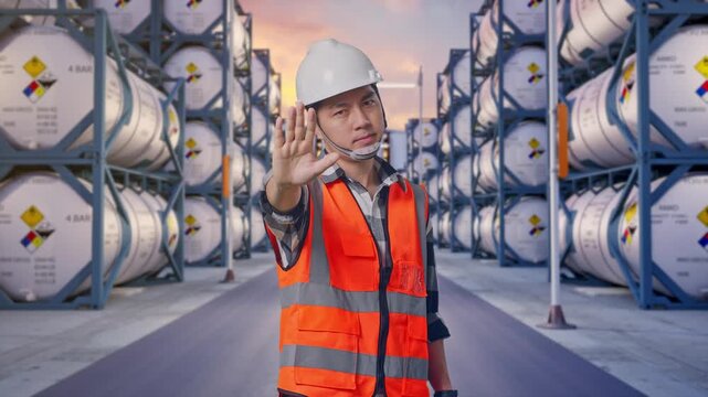 Asian Male Engineer With Safety Helmet Disapproving With No Hand Sign While Standing at Industrial Chemical Tank Container Storage Facility