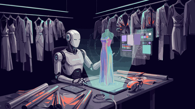 Robot designing clothes on table in workshop clothing design fashion technology