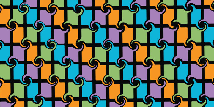 Abstract seamless geometric pattern featuring colorful interlocking shapes with spiral connections on a black background. Modern repeating design ideal for textiles, wallpapers, packaging, branding
